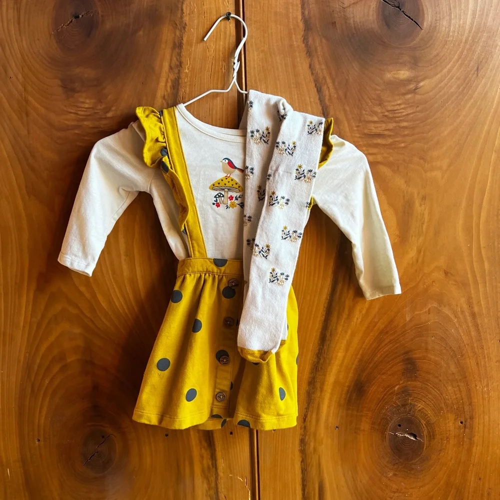 NWOT Wonder nation bird and mushroom, yellow polka dot overall pinafore dress.